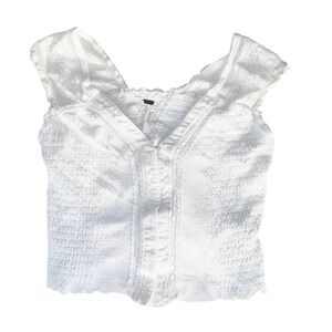 109 | Free People XS Boho Smocked Lace Crop Top Cottagecore Flutter Sleeve White